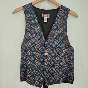 Chiamare Vintage Women's Silk Vest Black Sz Small Multicolor Geometric Print 90s